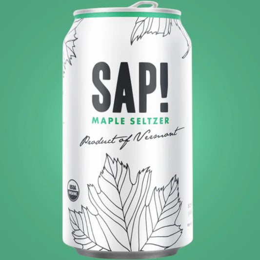SAP! Maple Seltzer can with line art of maple leaves and "Product of Vermont" text. Stowe Public House & Bottle Shop.
