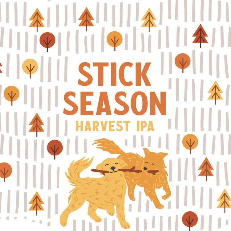 Stowe Public House & Bottle Shop Rutland Beer Works Stick Season IPA label with autumn trees and two dogs playing