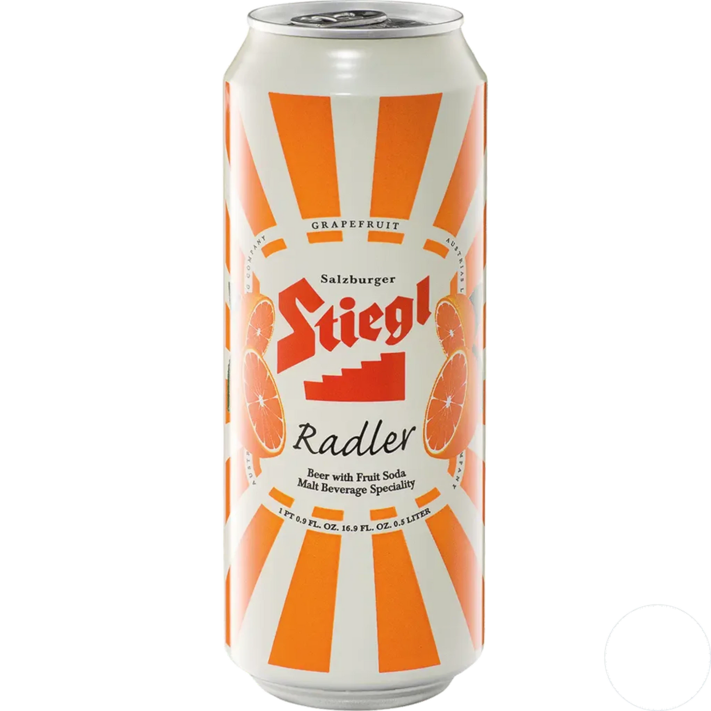 Stowe Public House & Bottle Shop Stiegl Grapefruit Radler beer can with orange and white sunburst design and grapefruit slices.