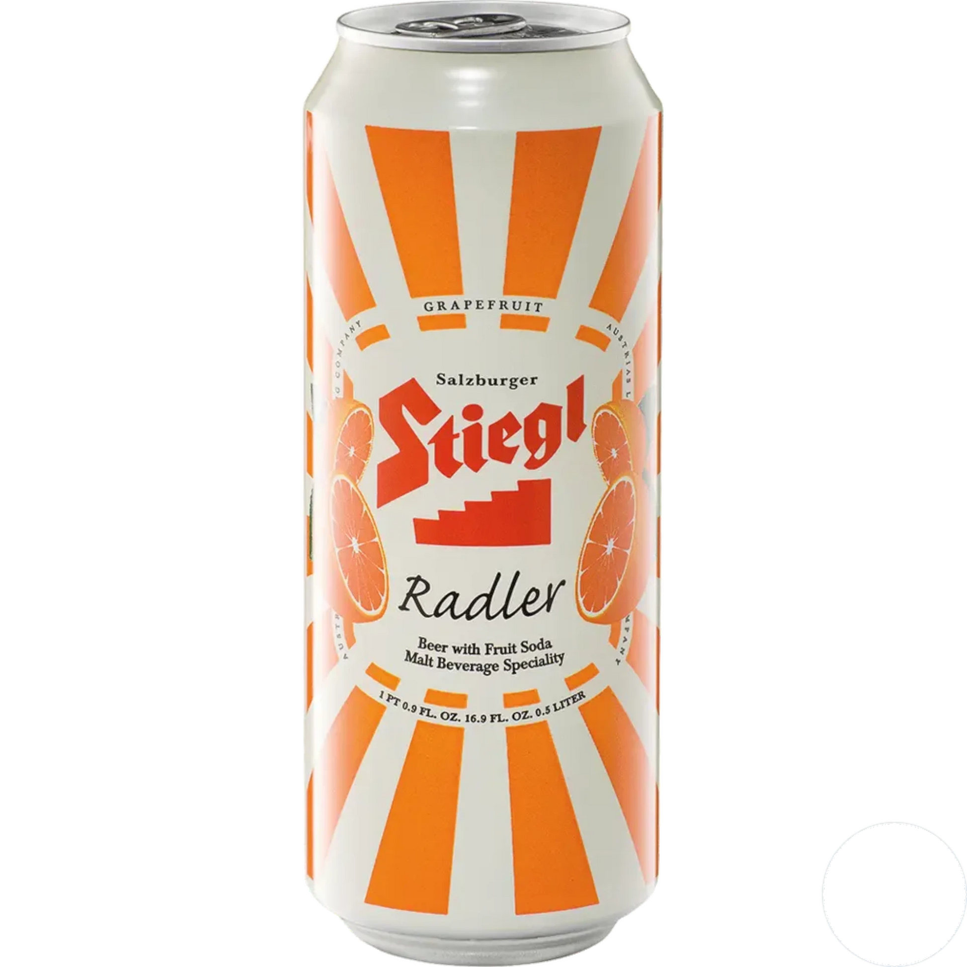 Stowe Public House & Bottle Shop Stiegl Grapefruit Radler beer can with orange and white sunburst design and grapefruit slices.