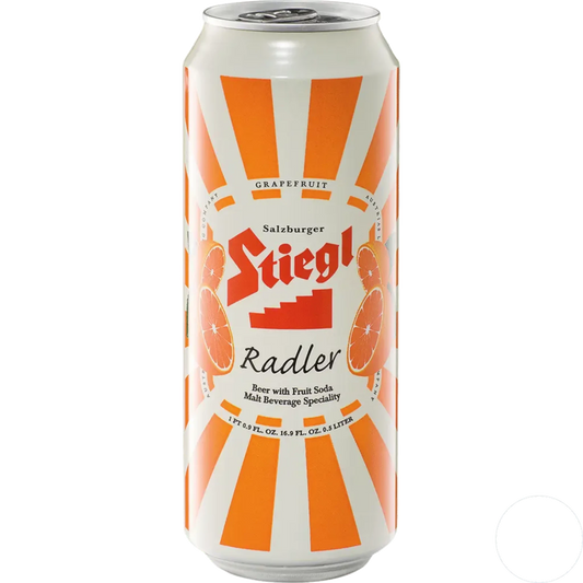 Stowe Public House & Bottle Shop Stiegl Grapefruit Radler beer can with orange and white sunburst design and grapefruit slices.
