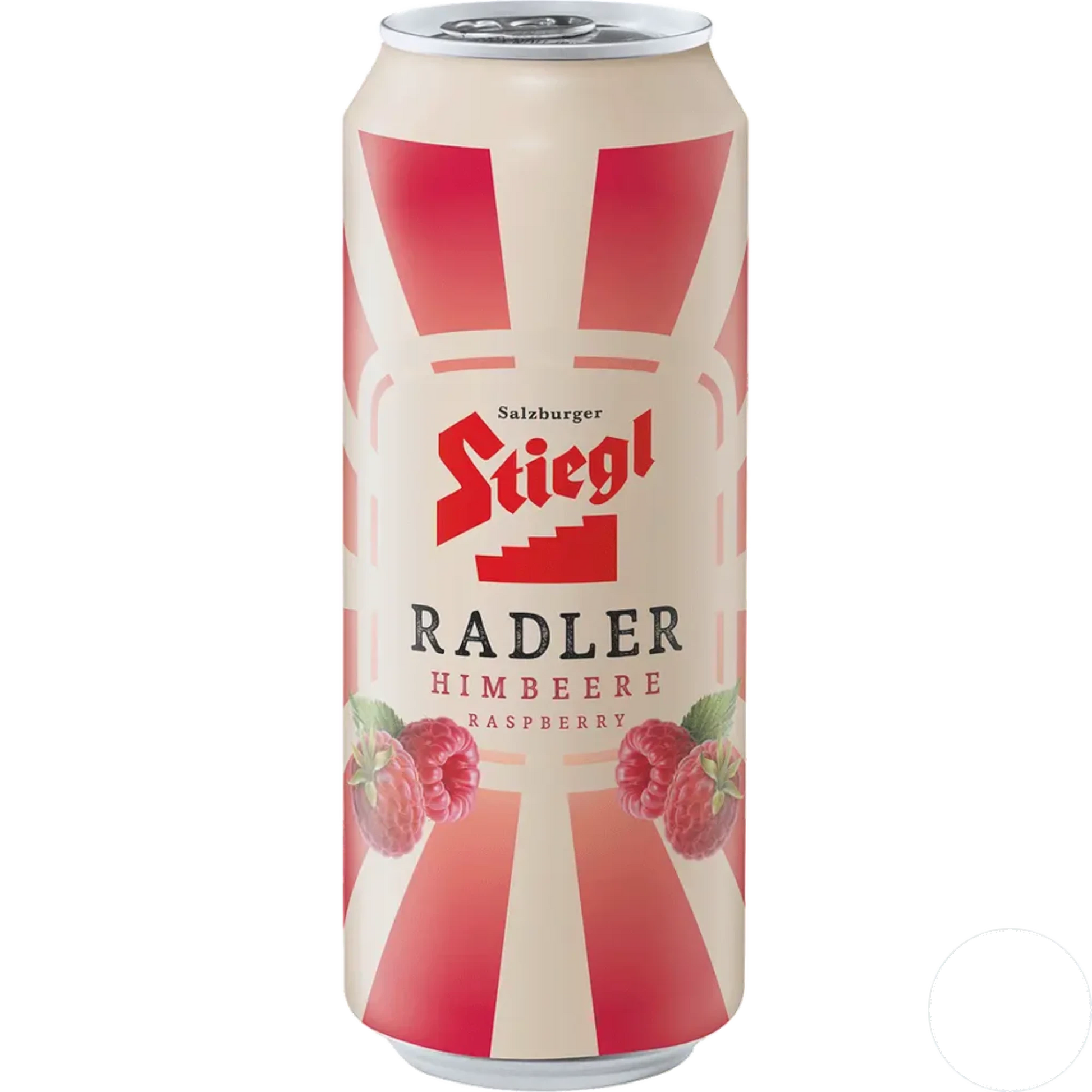 Stiegl Himbere Radler (Raspberry) can, featuring a cream and red design with raspberries and the Stiegl logo.