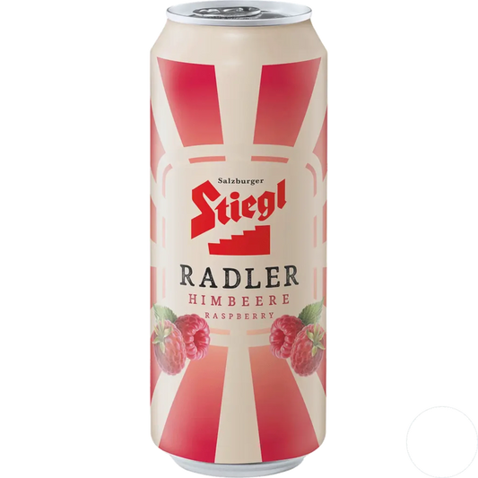 Stiegl Himbere Radler (Raspberry) can, featuring a cream and red design with raspberries and the Stiegl logo.