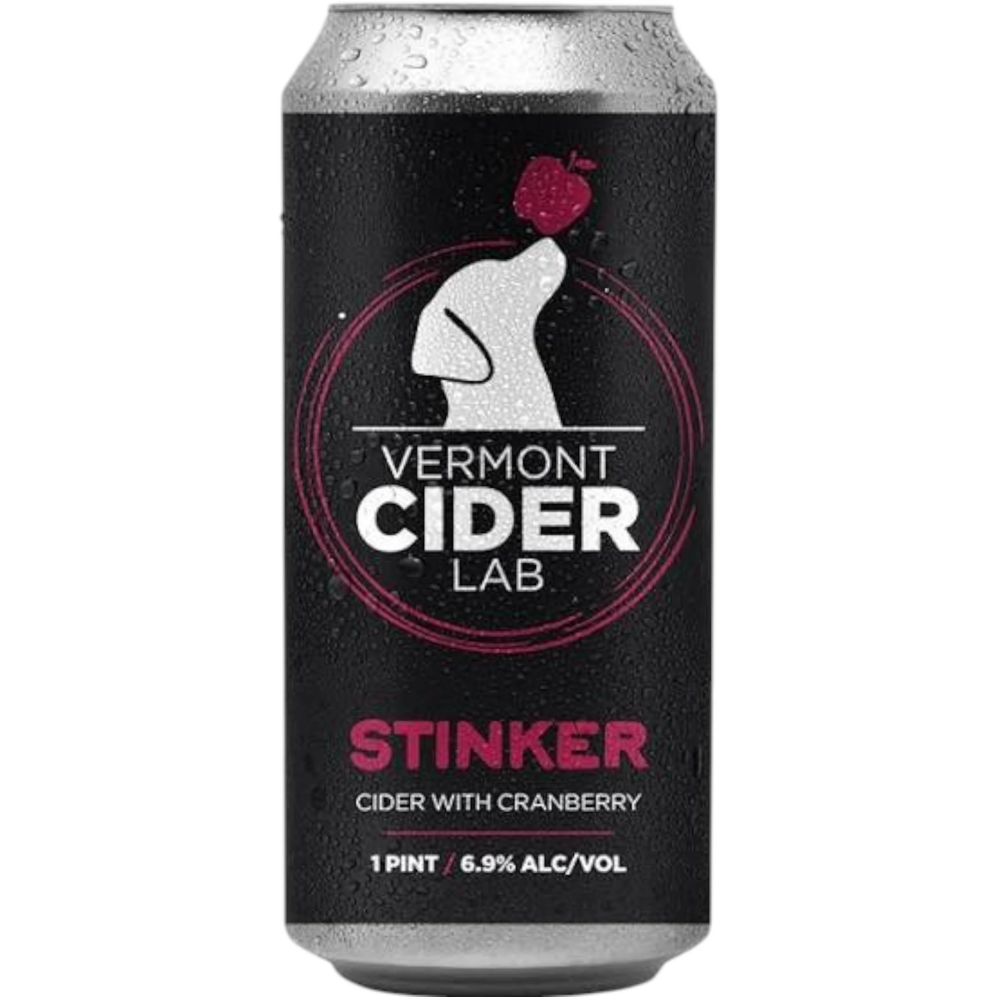Stowe Public House & Bottle Shop Vermont Cider Lab Stinker dry cranberry cider can with Labrador mascot illustration