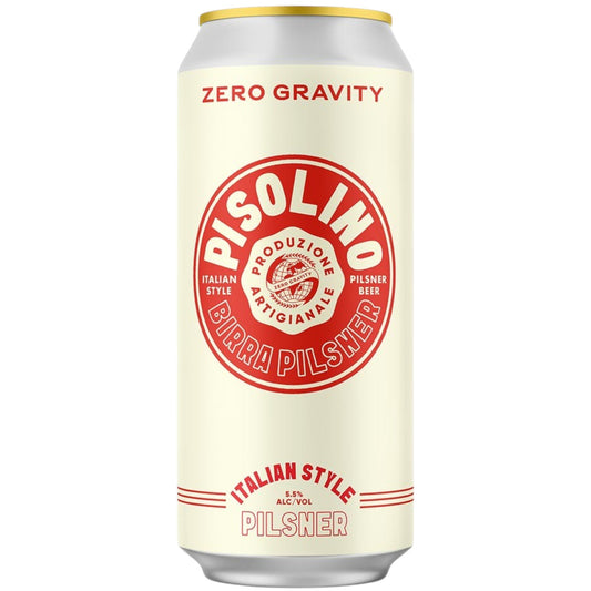 Stowe Public House & Bottle Shop Zero Gravity Pisolino Italian Pilsner beer can with cream label and red typography