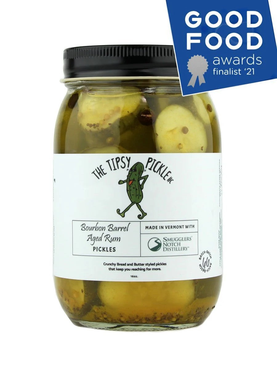Stowe Public House & Bottle Shop's Tipsy Pickle, Bourbon Barrel Aged Rum pickles. Crunchy bread and butter style pickles infused with rum.