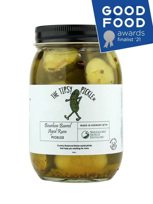 Stowe Public House & Bottle Shop's Tipsy Pickle, Bourbon Barrel Aged Rum pickles. Crunchy bread and butter style pickles infused with rum.