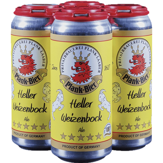Stowe Public House & Bottle Shop: Brauerei Michael Plank Heller Weizenbock ale in yellow cans with red tops. Features a red lion crest and goats.