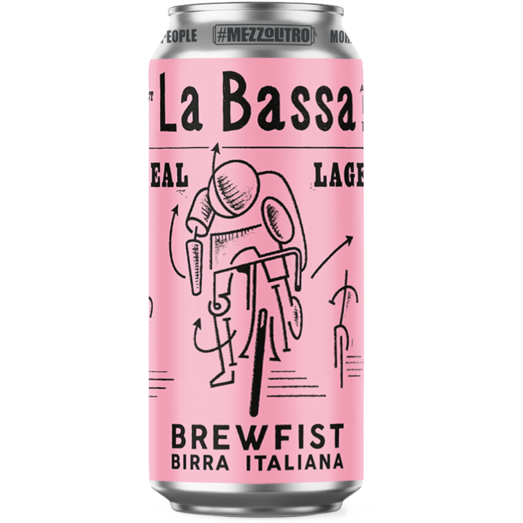 Stowe Public House & Bottle Shop Brewfist La Bassa Italian lager can with cyclist graphic. Pink can.