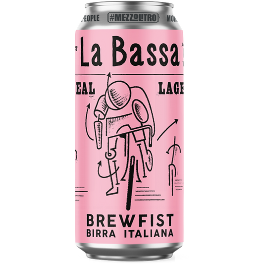 Stowe Public House & Bottle Shop Brewfist La Bassa Italian lager can with cyclist graphic. Pink can.