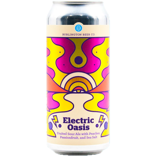 Stowe Public House & Bottle Shop: Burlington Beer Co. Electric Oasis fruited sour ale with peaches, passionfruit, and sea salt. Psychedelic can art.