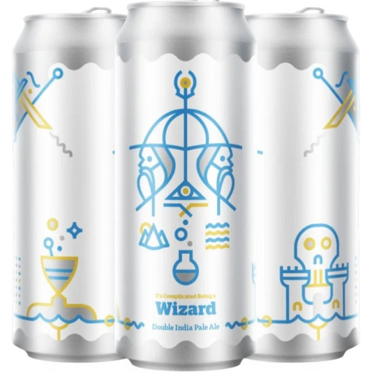 Stowe Public House & Bottle Shop It's Complicated Being a Wizard Double IPA can. White can with blue and yellow wizard-themed graphics.