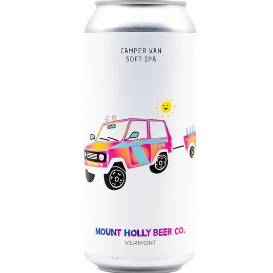 Stowe Public House & Bottle Shop Mount Holly Beer Co. Camper Van Soft IPA can with colorful camper van graphic and sun.