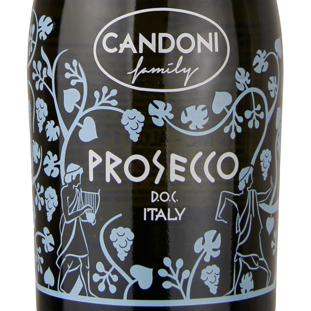 Stowe Public House & Bottle Shop Candoni Family Prosecco D.O.C. Italy bottle with a black label and light blue vine and grape illustrations.