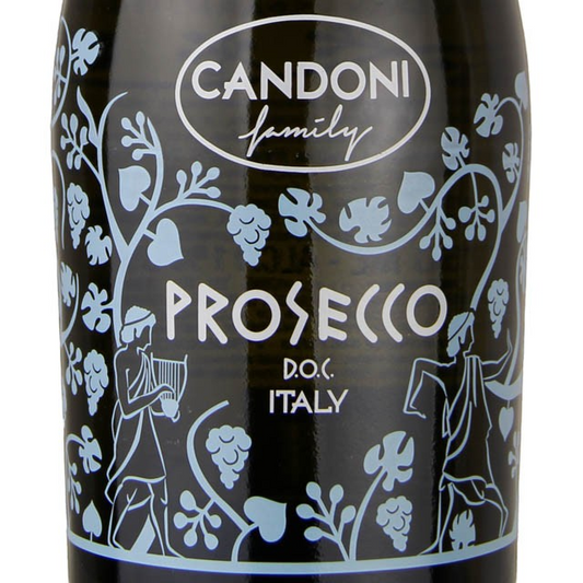Stowe Public House & Bottle Shop Candoni Family Prosecco D.O.C. Italy bottle with a black label and light blue vine and grape illustrations.