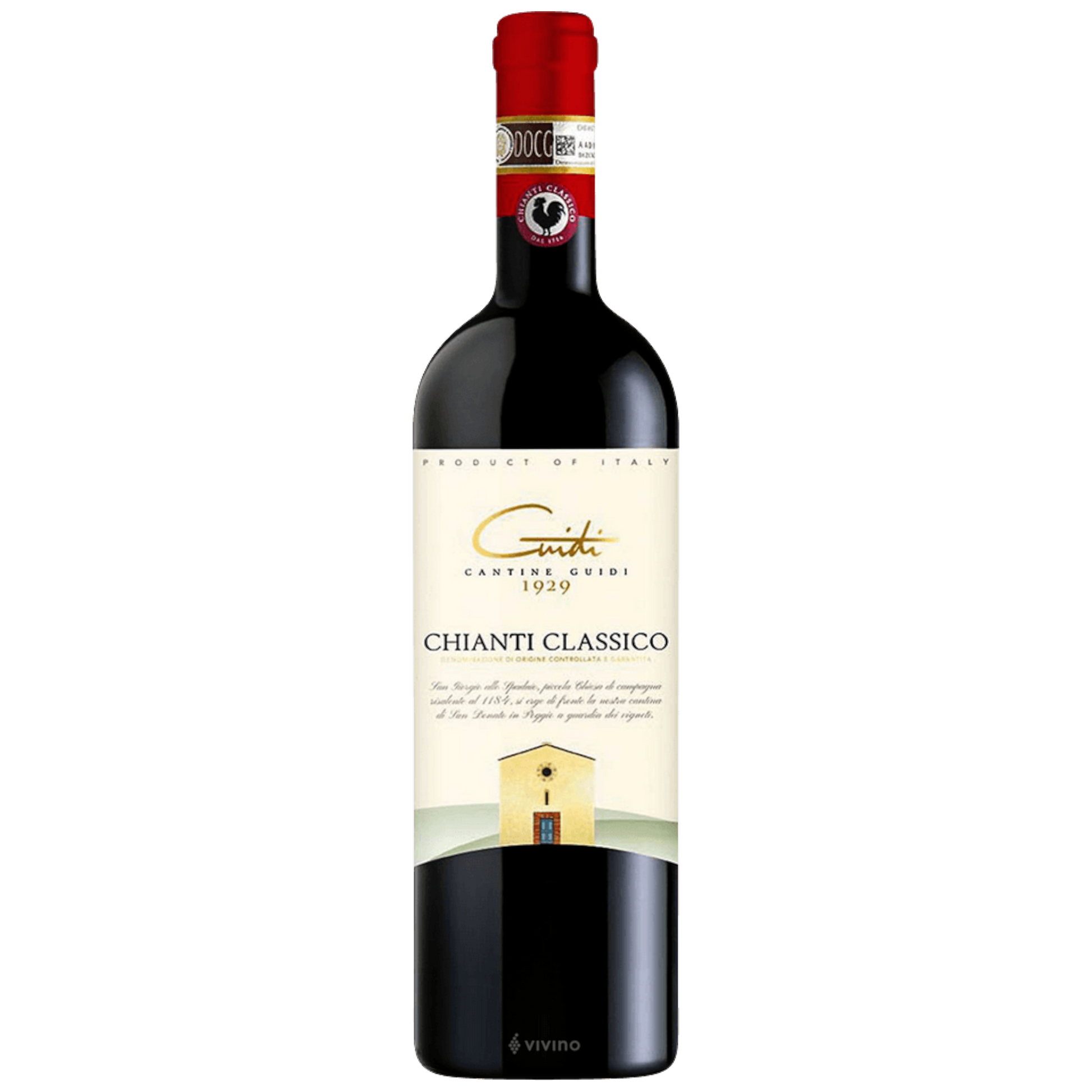 Stowe Public House & Bottle Shop: Cantine Guidi 1929 Chianti Classico red wine bottle with red cap and label featuring a building illustration.