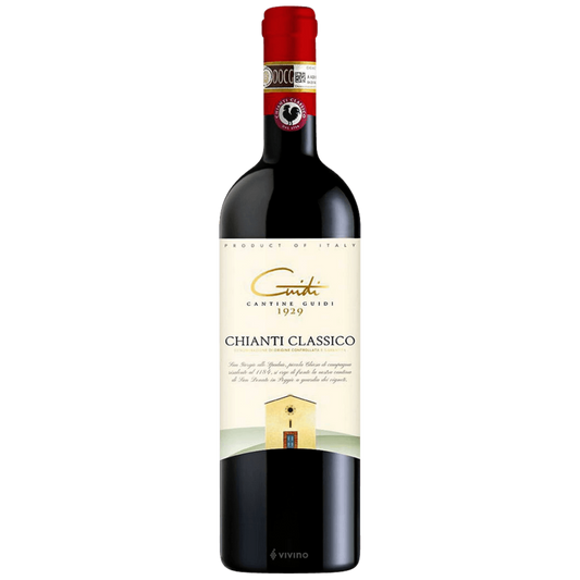 Stowe Public House & Bottle Shop: Cantine Guidi 1929 Chianti Classico red wine bottle with red cap and label featuring a building illustration.