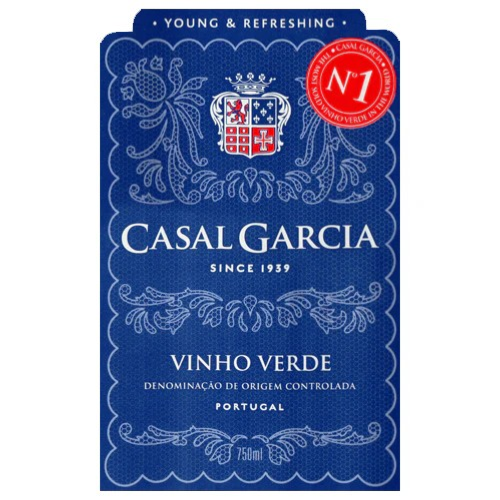 Stowe Public House & Bottle Shop Casal Garcia Vinho Verde wine label, blue with white ornate details,