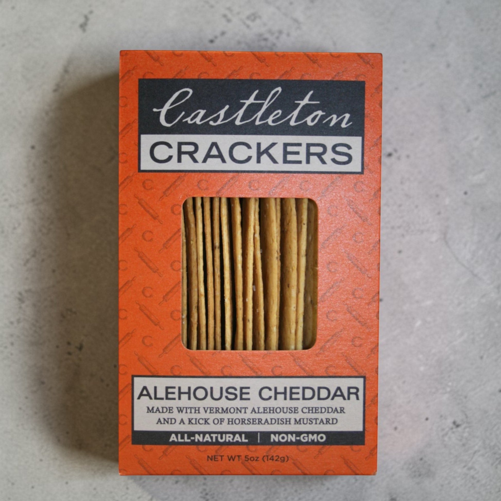 Stowe Public House & Bottle Shop Castleton Crackers, Alehouse Cheddar flavor. Rustic, all-natural crackers with Vermont cheddar and horseradish mustard.
