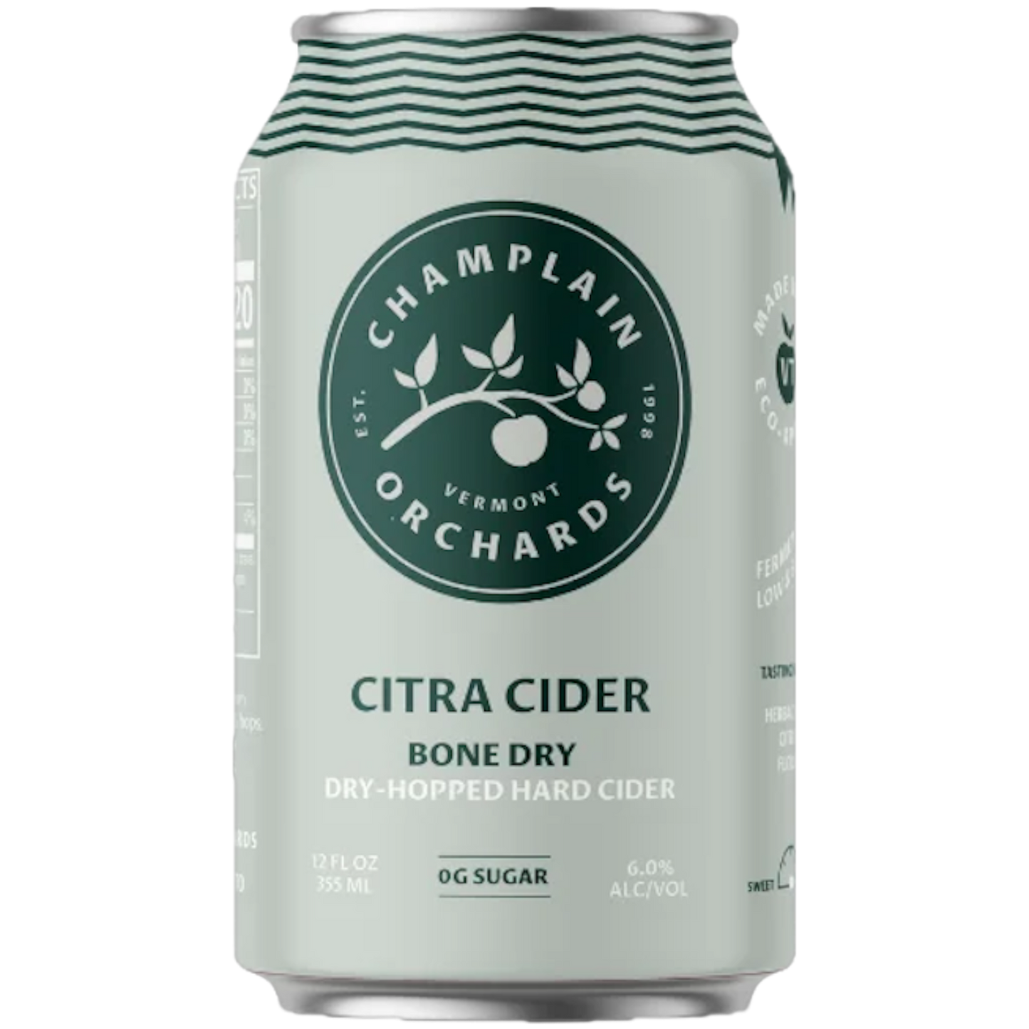 Stowe Public House & Bottle Shop Champlain Orchards Citra Cider, a bone-dry, dry-hopped hard cider with 0g sugar and 6.0% ABV.