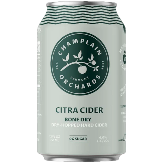 Stowe Public House & Bottle Shop Champlain Orchards Citra Cider, a bone-dry, dry-hopped hard cider with 0g sugar and 6.0% ABV.