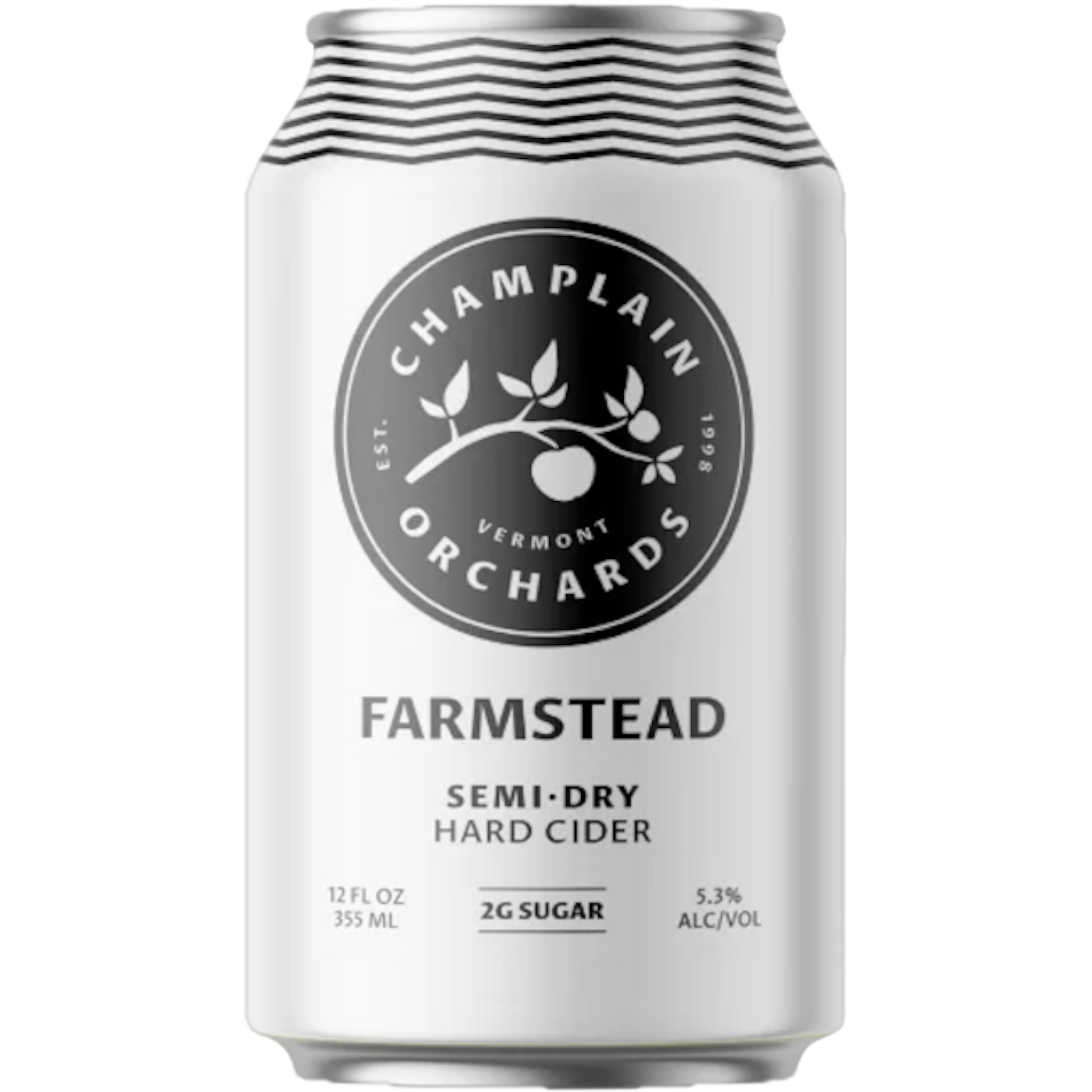 Stowe Public House & Bottle Shop Champlain Orchards Farmstead semi-dry hard cider can. White can with black logo and text.