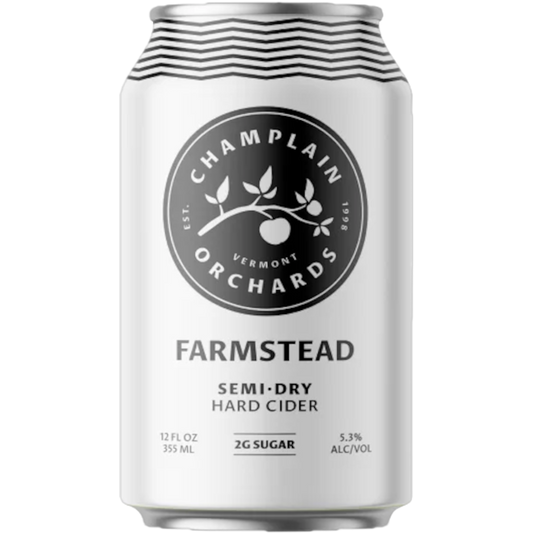 Stowe Public House & Bottle Shop Champlain Orchards Farmstead semi-dry hard cider can. White can with black logo and text.