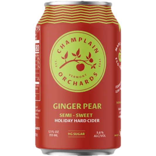 Stowe Public House & Bottle Shop Champlain Orchards Ginger Pear semi-sweet holiday hard cider can.