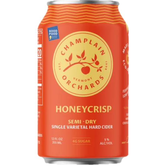 Stowe Public House & Bottle Shop Champlain Orchards Honeycrisp Semi-Dry Single Varietal Hard Cider can. Fruity with notes of honeycrisp, apricot, and pear.