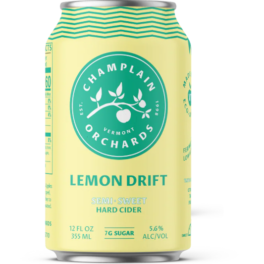 Stowe Public House & Bottle Shop Champlain Orchards Lemon Drift semi-sweet hard cider can. Yellow can with green wavy lines at the top.