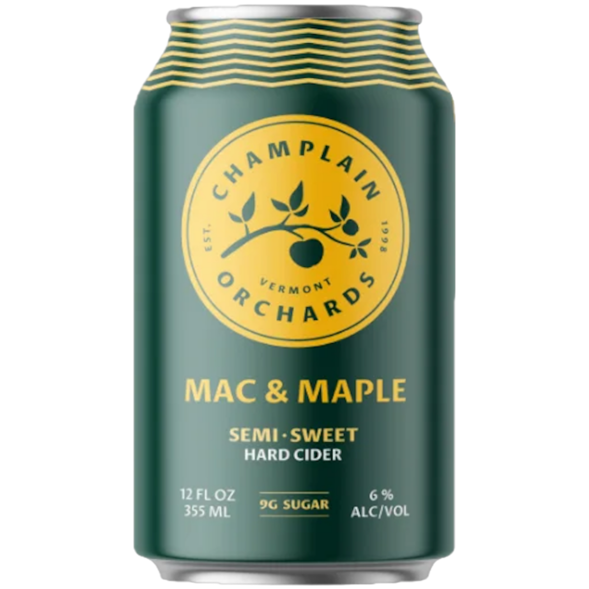 Stowe Public House & Bottle Shop Champlain Orchards Mac & Maple semi-sweet hard cider can with green and yellow design.