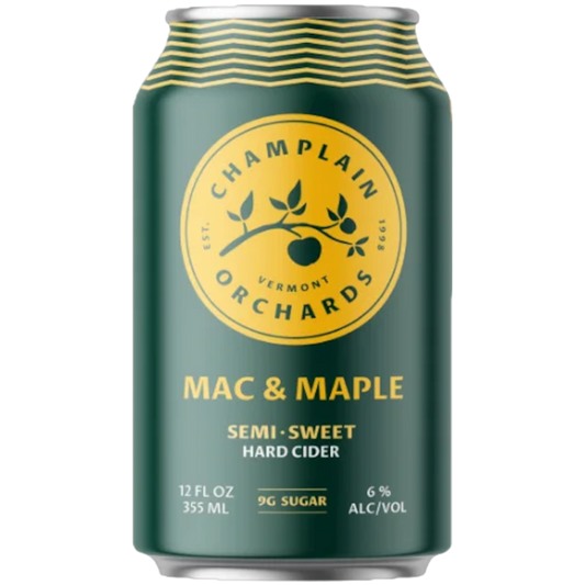 Stowe Public House & Bottle Shop Champlain Orchards Mac & Maple semi-sweet hard cider can with green and yellow design.