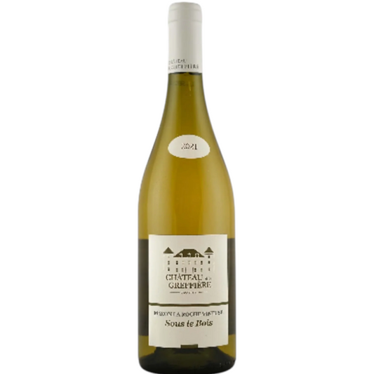 Stowe Public House & Bottle Shop: Château de la Greffière Sous le Bois Bourgogne Blanc wine bottle, complex flavors of grapefruit, apple, peach, brioche, floral notes, zesty finish.