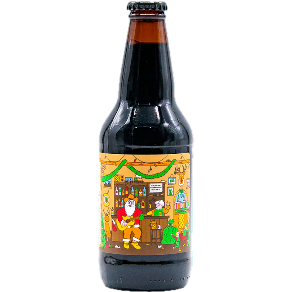 Stowe Public House: prairie artisan ales Christmas Bomb! dark beer bottle with festive label featuring Santa playing guitar and elves.