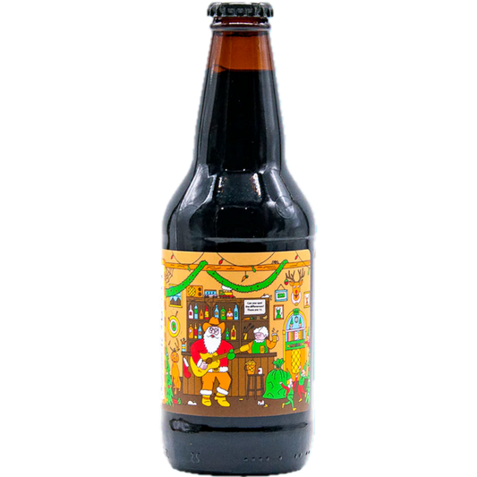 Stowe Public House: prairie artisan ales Christmas Bomb! dark beer bottle with festive label featuring Santa playing guitar and elves.