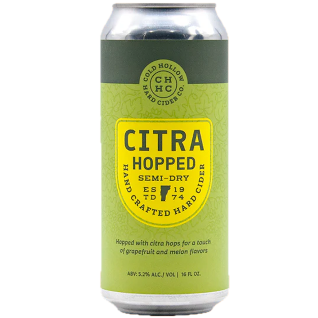 Stowe Public House & Bottle Shop Cold Hollow Citra Hopped semi-dry hard cider can with grapefruit and melon flavors.