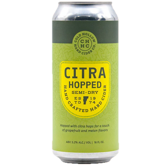 Stowe Public House & Bottle Shop Cold Hollow Citra Hopped semi-dry hard cider can with grapefruit and melon flavors.