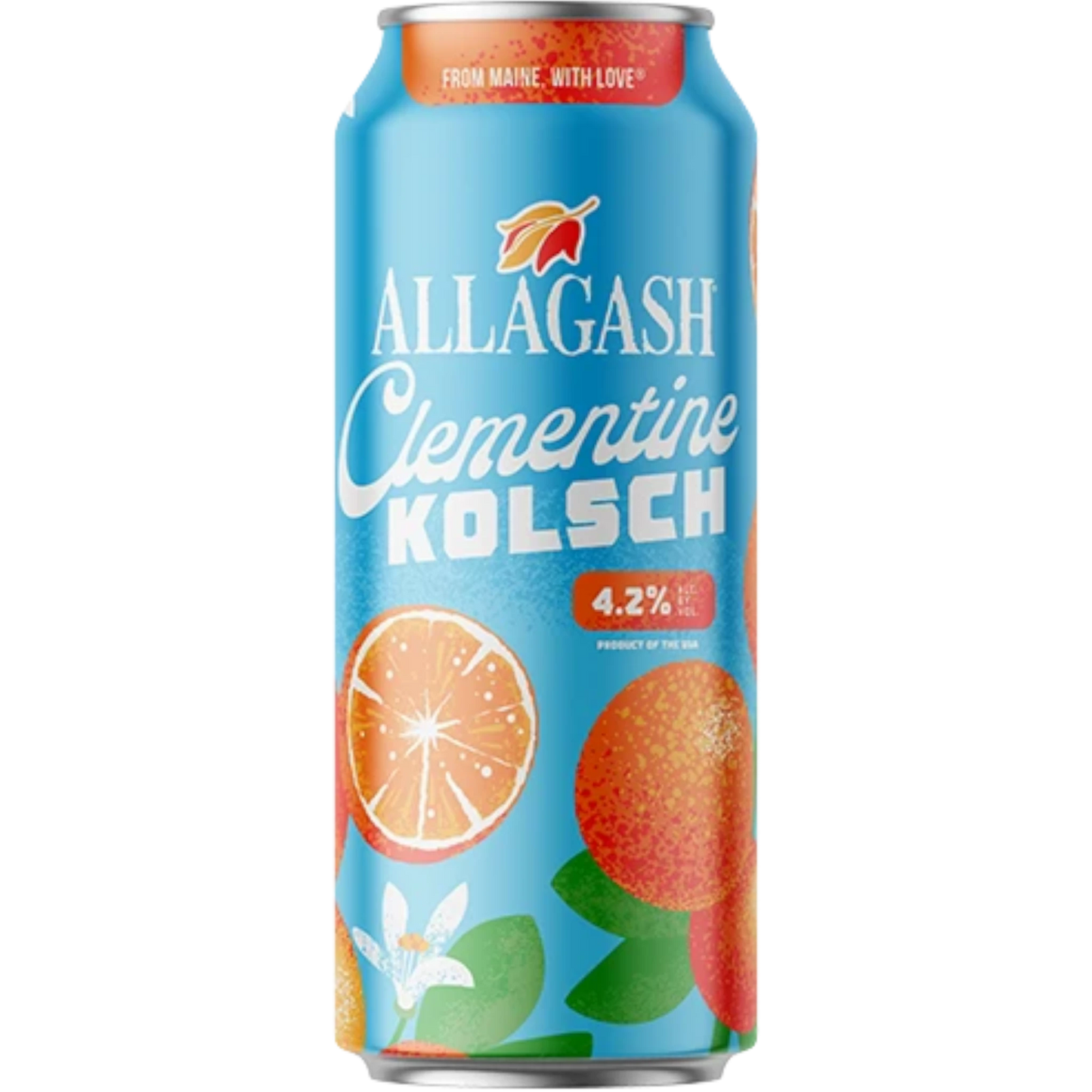 Stowe Public House & Bottle Shop Allagash Clementine Kolsch beer can with orange slices and blossoms. 4.2% ABV.
