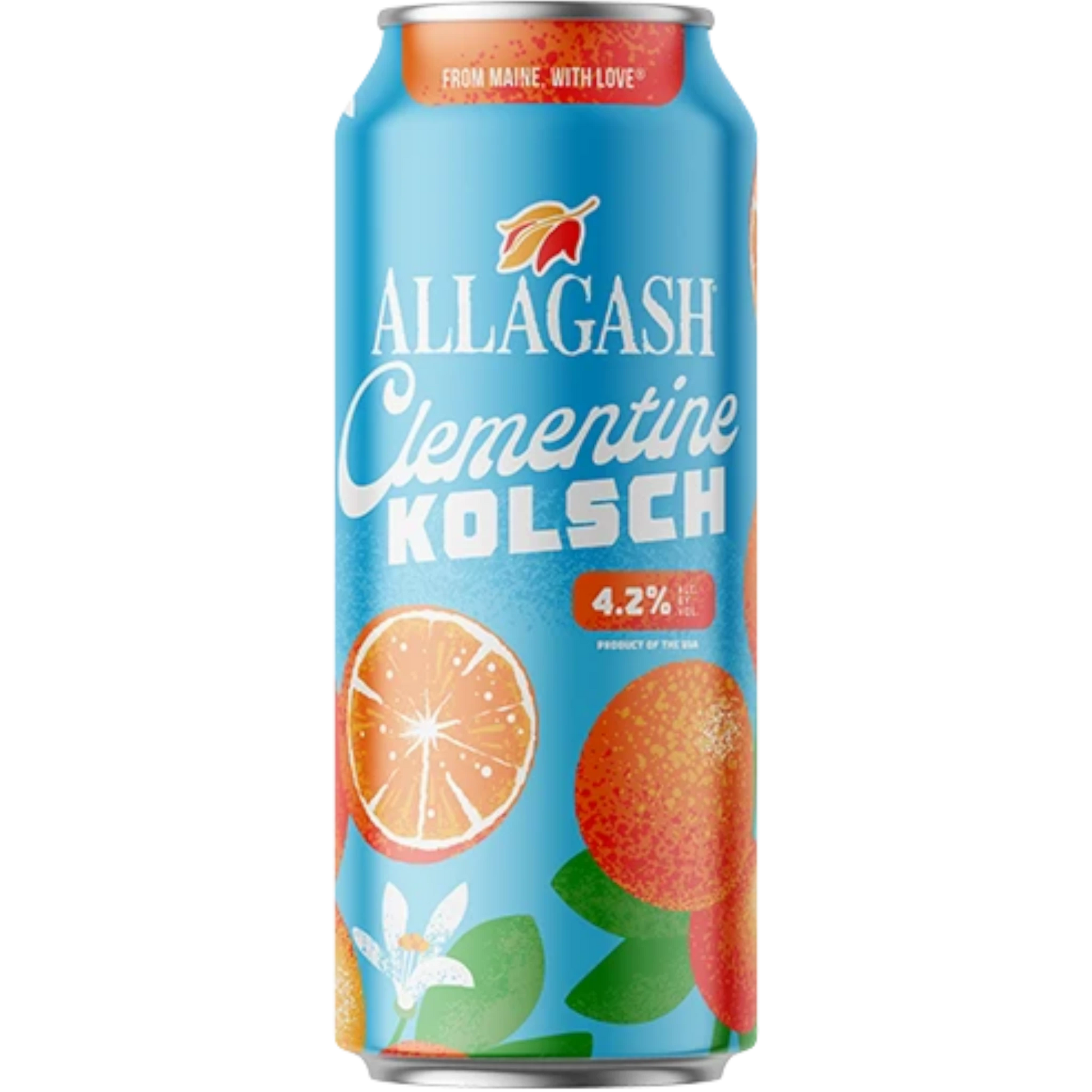 Stowe Public House & Bottle Shop Allagash Clementine Kolsch beer can with orange slices and blossoms. 4.2% ABV.