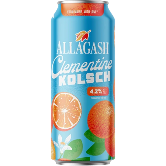 Stowe Public House & Bottle Shop Allagash Clementine Kolsch beer can with orange slices and blossoms. 4.2% ABV.