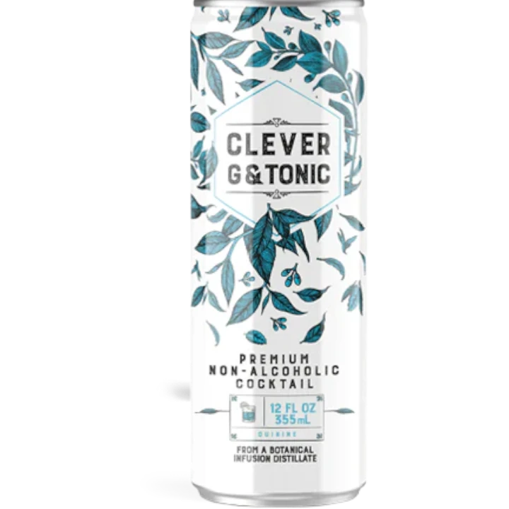 Stowe Public House & Bottle Shop Clever G & Tonic non-alcoholic cocktail can with botanical leaf design. Premium, 12 fl oz.