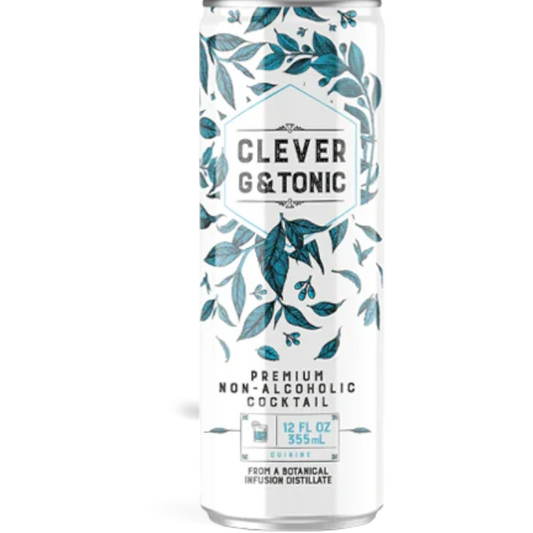 Stowe Public House & Bottle Shop Clever G & Tonic non-alcoholic cocktail can with botanical leaf design. Premium, 12 fl oz.