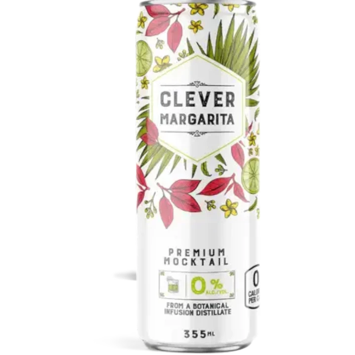 Stowe Public House & Bottle Shop Clever Margarita non-alcoholic mocktail can with botanical design. 0% ABV, sugar-free.