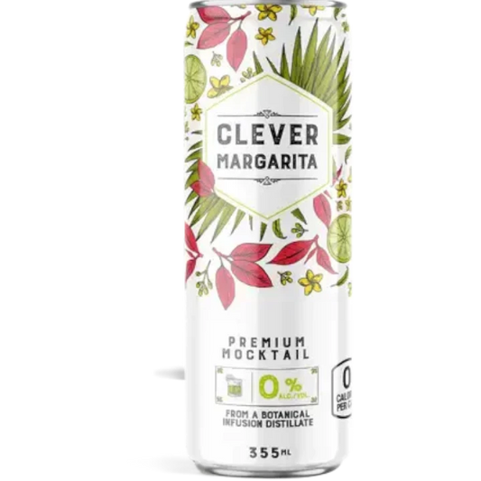 Stowe Public House & Bottle Shop Clever Margarita non-alcoholic mocktail can with botanical design. 0% ABV, sugar-free.
