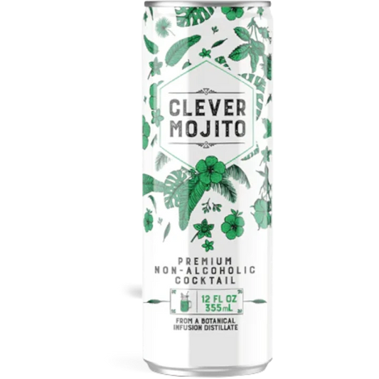 Stowe Public House & Bottle Shop Clever Mojito non-alcoholic cocktail can with mint and lime leaf design.