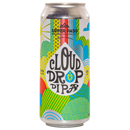 Stowe Public House Cloud Drop DIPA beer can with colorful abstract cloud and sun design. 8.0% ABV.