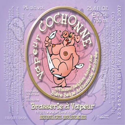 Stowe Public House & Bottle Shop: Brasserie à Vapeur Cochonné Belgian Strong Dark Ale beer label with cartoon pig.