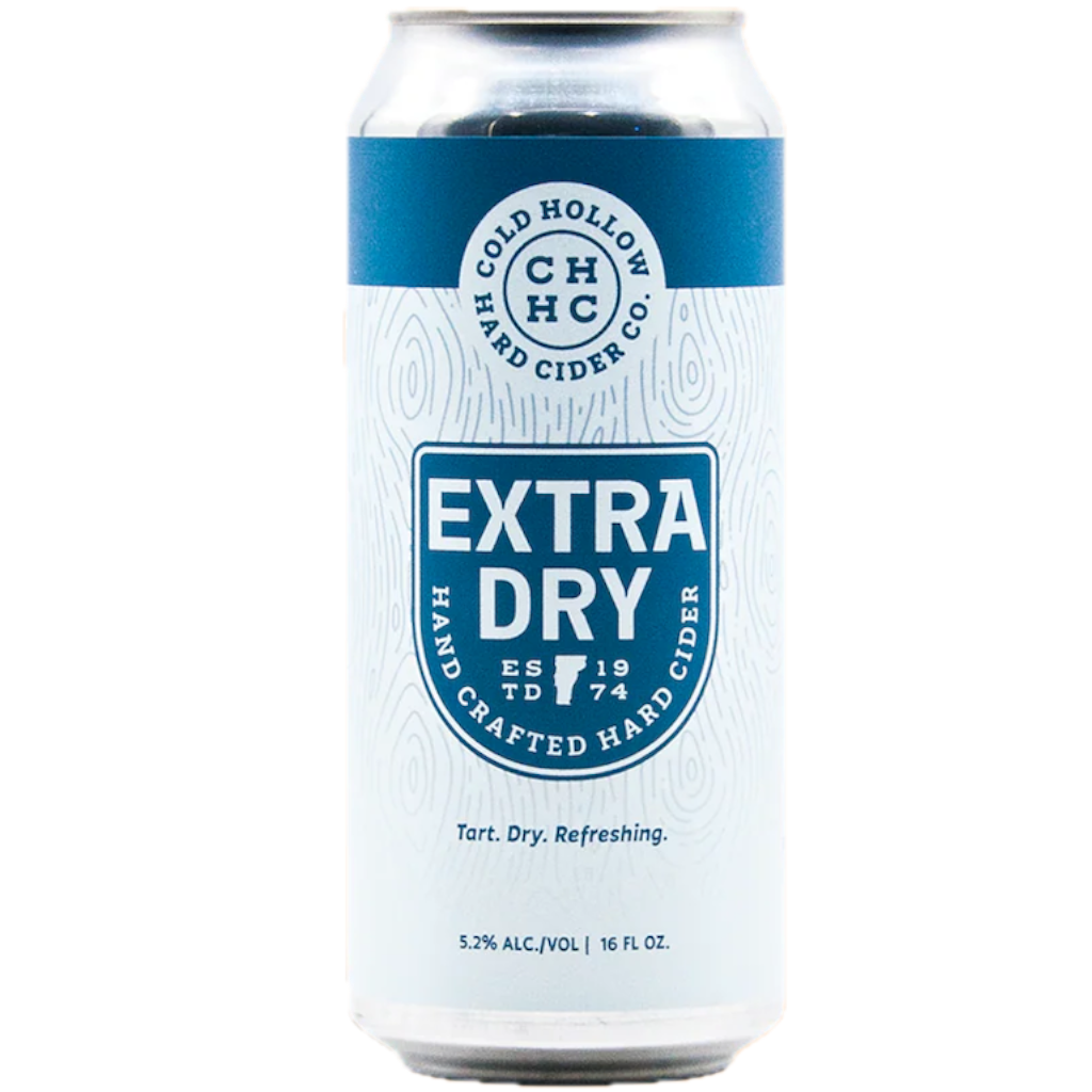 Stowe Public House & Bottle Shop Cold Hollow Extra Dry hard cider can. Tart, dry, and refreshing with 5.2% ABV.