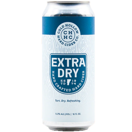 Stowe Public House & Bottle Shop Cold Hollow Extra Dry hard cider can. Tart, dry, and refreshing with 5.2% ABV.