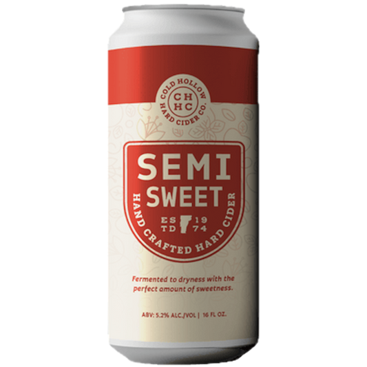 Stowe Public House & Bottle Shop Cold Hollow Semi-Sweet Hand Crafted Hard Cider can. White and red design.